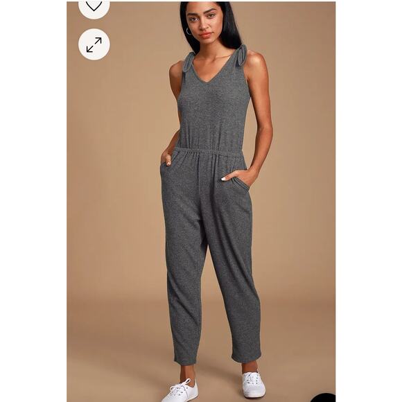 Lulus Belmore Heathered Charcoal Grey Ribbed Sleeveless Jumpsuit Size Medium - Picture 1 of 10